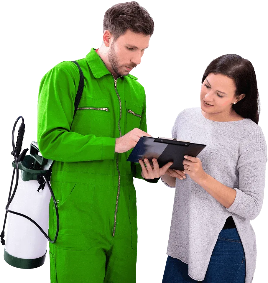 BUGSTINCT technician reviewing mosquito control plan with a customer