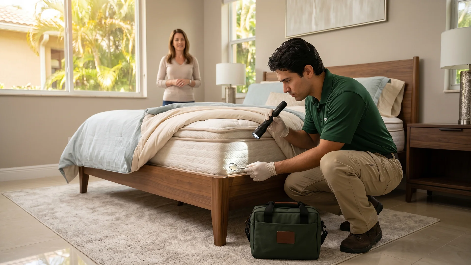 Bugstinct technician applying non-repellent ant bait along the foundation of a Davie Florida ranch home near a mango tree, detailed precision treatment