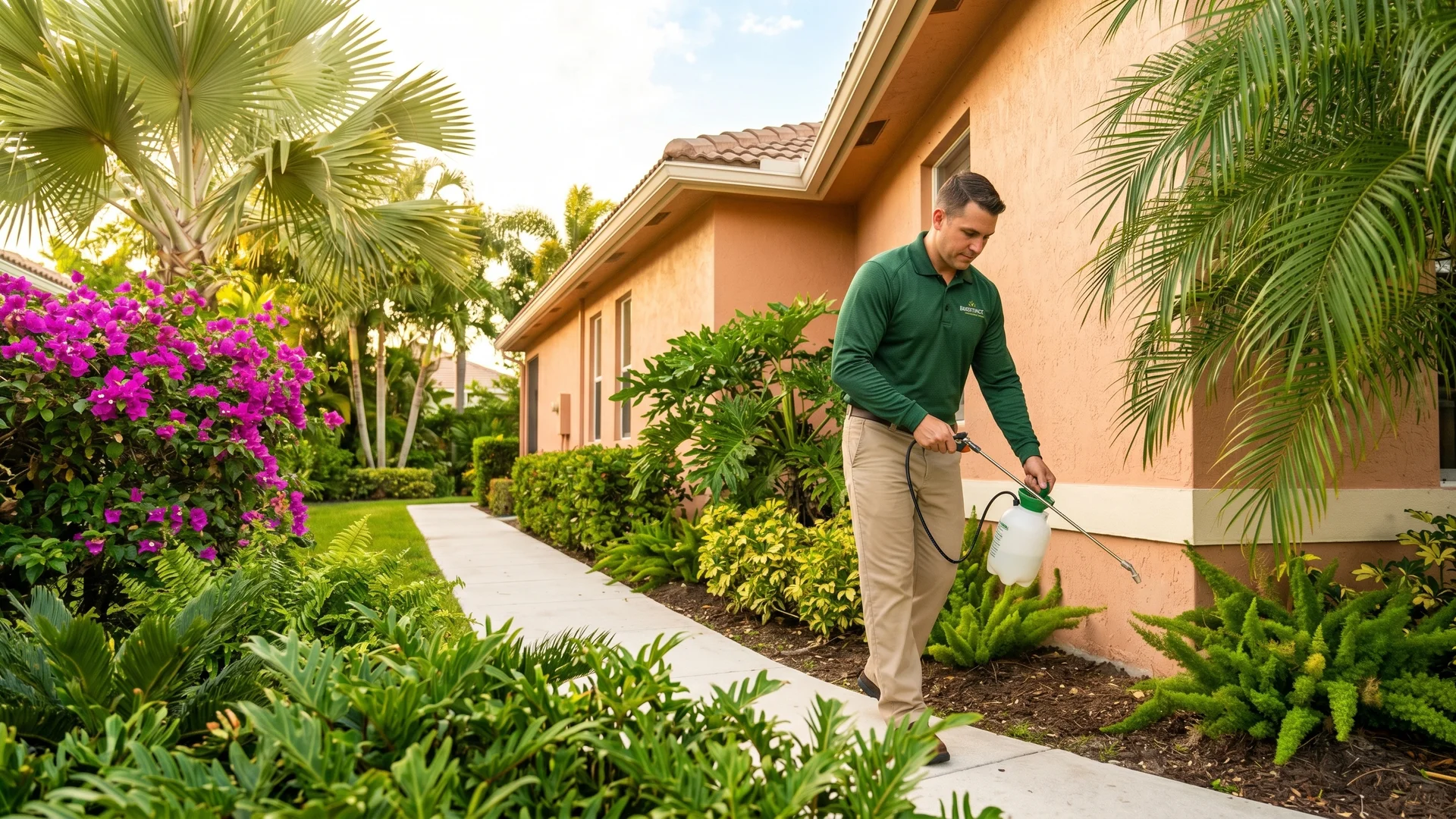 Bugstinct technician talking with a South Florida homeowner in a well-kept living room, explaining treatment process, professional and approachable