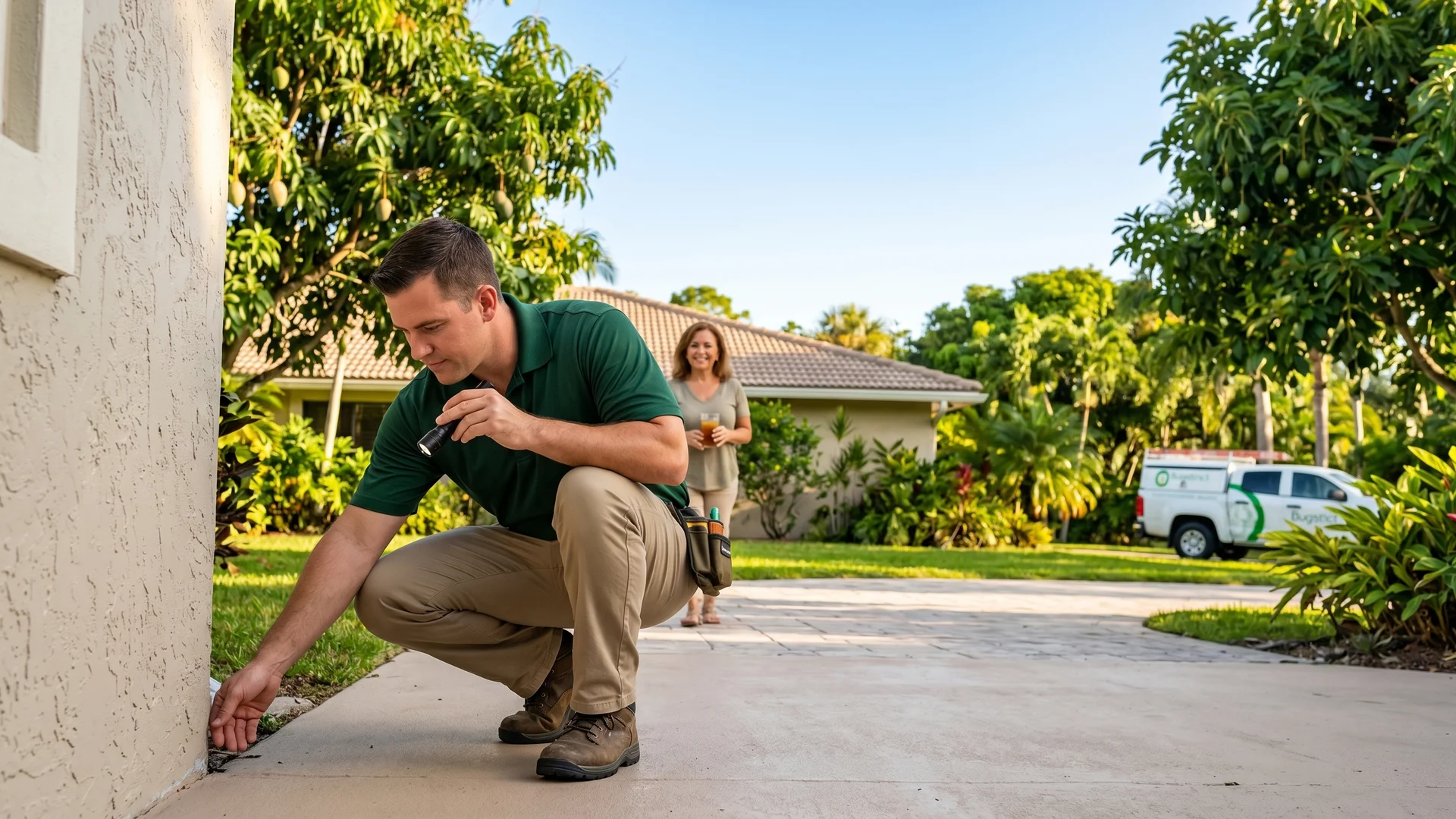 Bugstinct technician performing thorough pest treatment in a South Florida home living room, including treating behind furniture and around doorframes, meticulous and professional