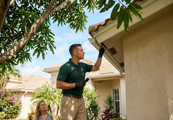 Bugstinct pest control technician applying non-repellent ant bait at the foundation perimeter of a Sunrise Florida home in Sunrise Lakes, targeting ghost ant entry points along the exterior wall