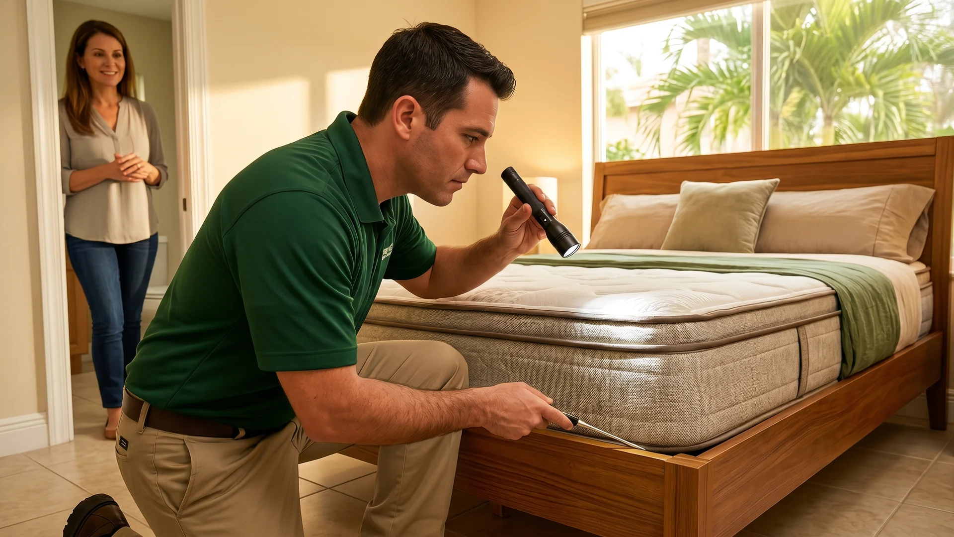 Bugstinct technician applying gel bait treatment at a cabinet hinge harborage zone in a Fort Lauderdale Florida multi-unit property kitchen during German cockroach elimination service