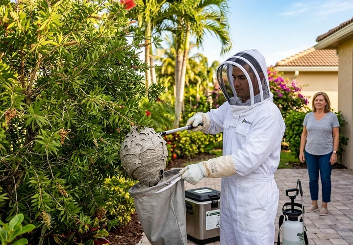 Bugstinct technician performing a detailed inspection along the exterior foundation of a South Florida home, checking weep holes and potential entry points with a flashlight