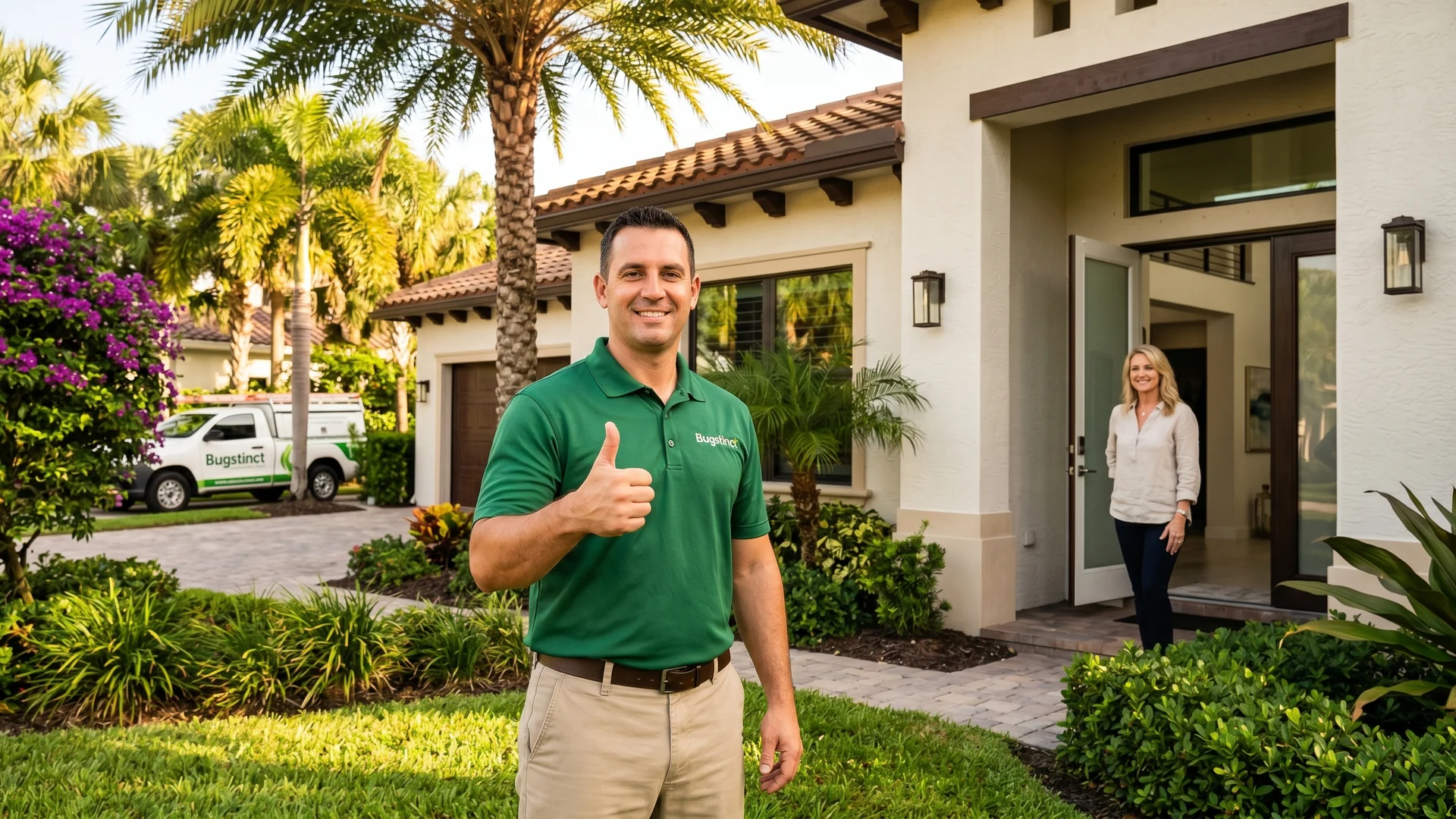 Bugstinct technician performing detailed bed bug inspection and treatment of a box spring and bed frame in a Davie Florida rental property bedroom, systematic harborage treatment with professional equipment