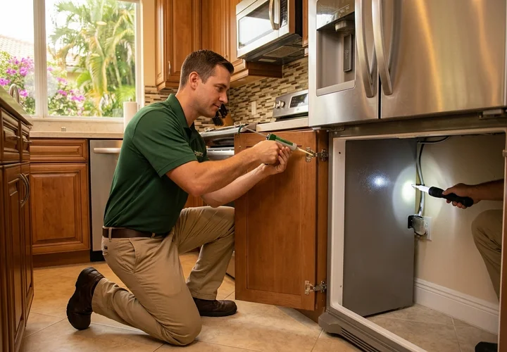 Bugstinct pest control technician inspecting the landscaping perimeter of a Coral Springs Florida home near the C-14 canal drainage corridor, checking for ant entry points and roof rat access zones along the roofline