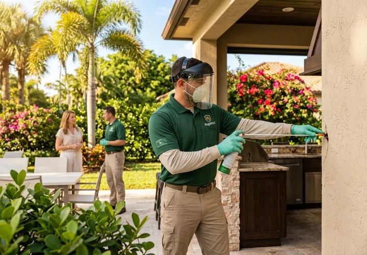 Bugstinct technician applying gel bait treatment inside cabinet hinge zones and behind a pulled-out refrigerator at a Davie Florida residential kitchen, detailed German roach harborage treatment