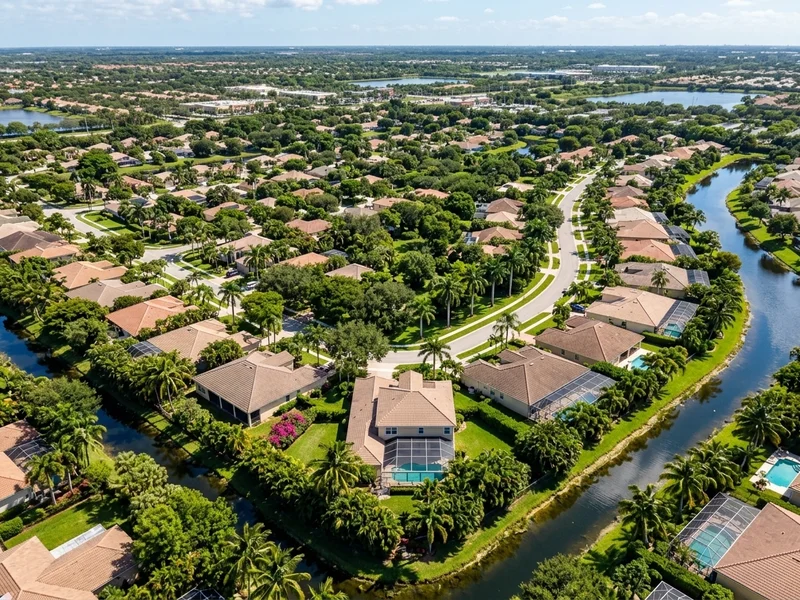 Bugstinct pest control technician inspecting the exterior perimeter of a Sunrise Florida lake-adjacent home in Springtree, checking foundation seams and landscaping for ant and rodent entry points near the HOA retention lake