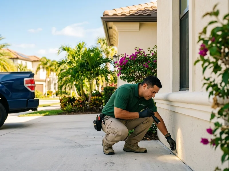 Bugstinct technician sealing a roofline entry point at a Sunrise Golf Village home while another technician applies ant bait treatment along the kitchen foundation exterior, coordinated pest and rodent control in progress