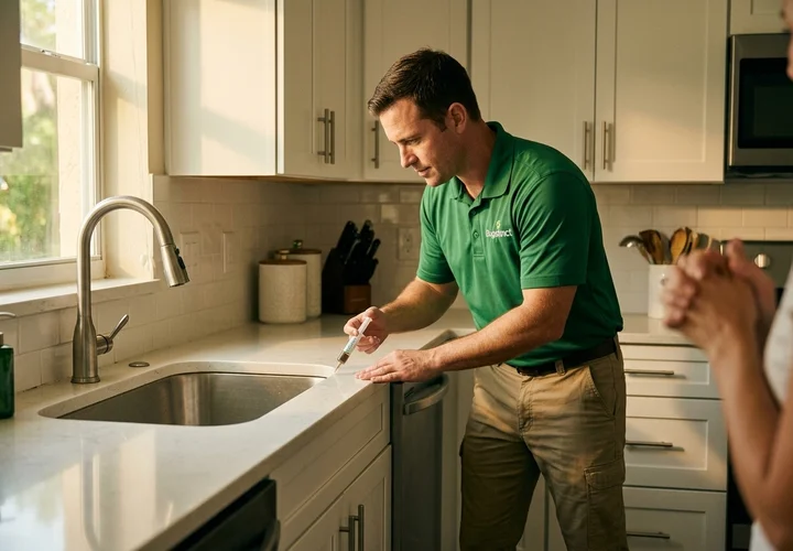 Bugstinct technician applying targeted gel bait treatment in a Pembroke Pines kitchen near refrigerator and appliance gaps