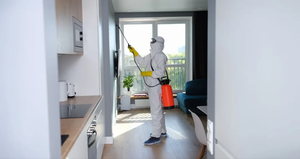 man spraying house with chemicals for pest control